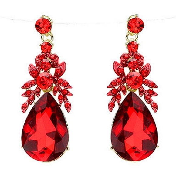 Red Crystal Teardrop Cluster Marquise Stone Evening Statement Necklace Set - Picture 2 of 5